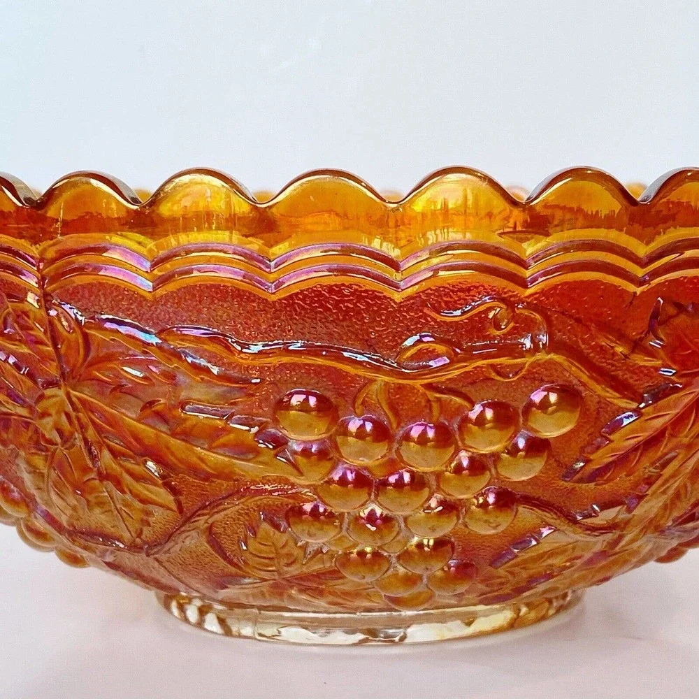 Vtg Imperial Grape Pattern Carnival Glass Bowl Marigold Iridescent Leaves 8.75